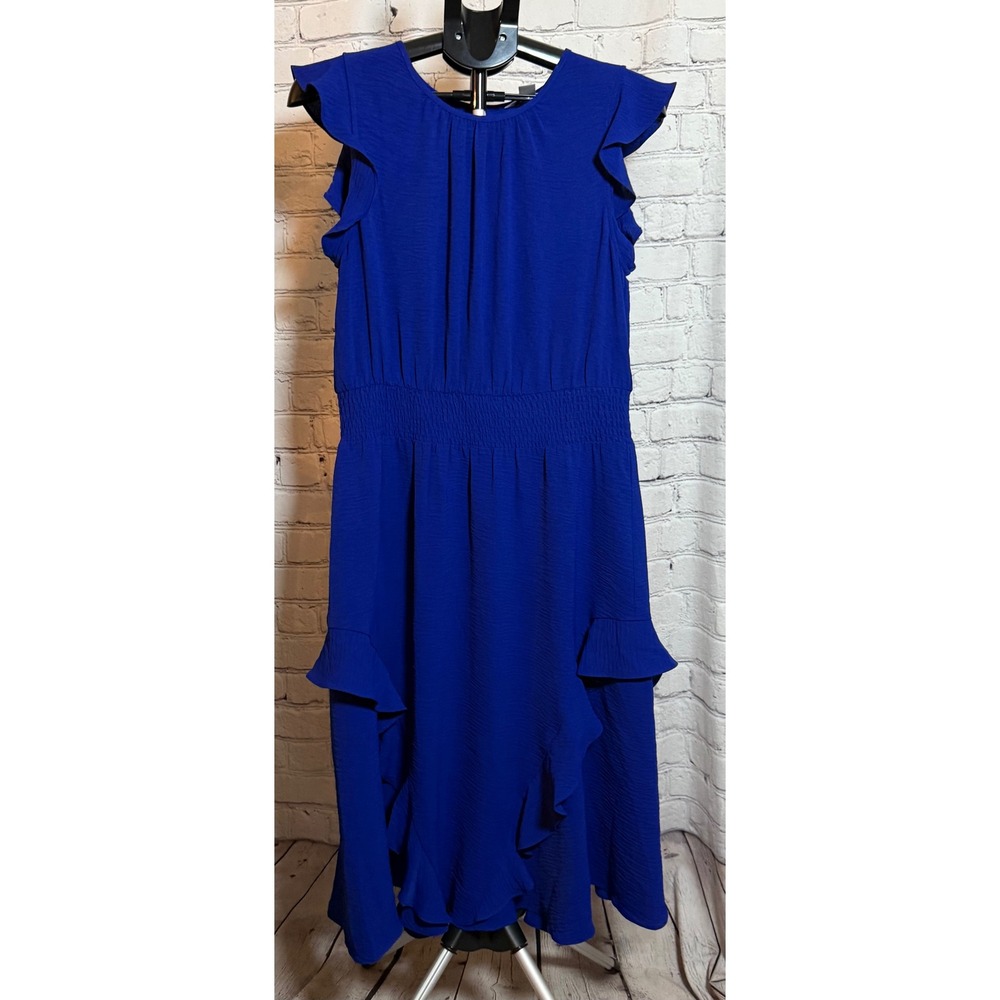 London Times Royal Blue Smocked Waist Ruffle Midi Dress Large Cobalt Crepe